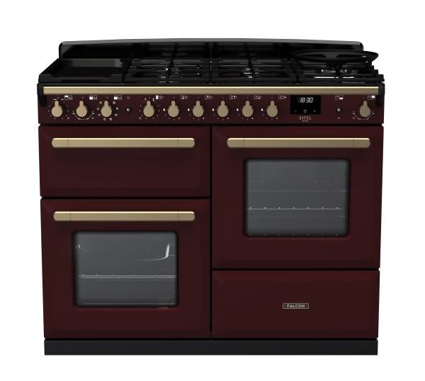 RS30061_ESDLO110DFPBORAB-E1-Falcon Estel Deluxe 110 Dual Fuel-Proving drawer-Bordeaux-Antique Brass-Front view.jpg