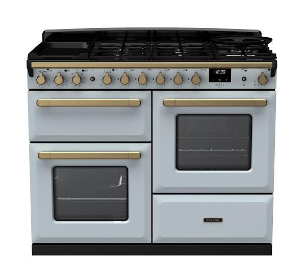 RS30073_ESDLO110DFPMSBAB-E1-Falcon Estel Deluxe 110 Dual Fuel-Proving drawer-Misty Blue-Antique Brass-Front view.jpg