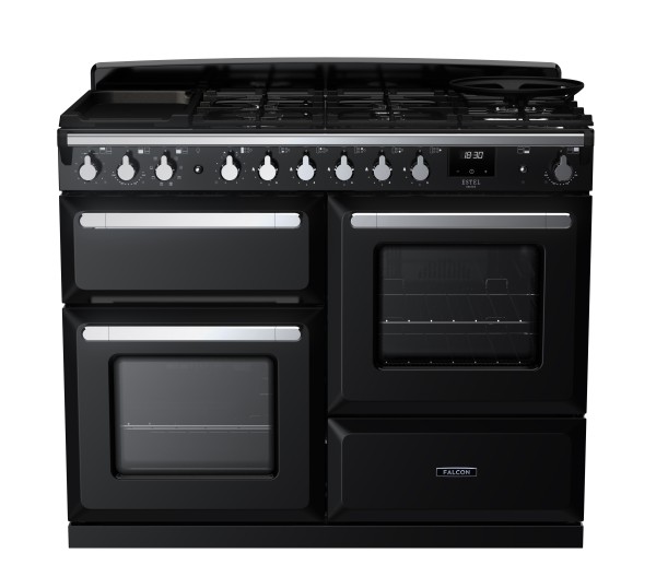 RS30056_ESDLO110DFPGBLCM-E1-Falcon Estel Deluxe 110 Dual Fuel-Proving drawer-Black-Chrome-Front view.jpg