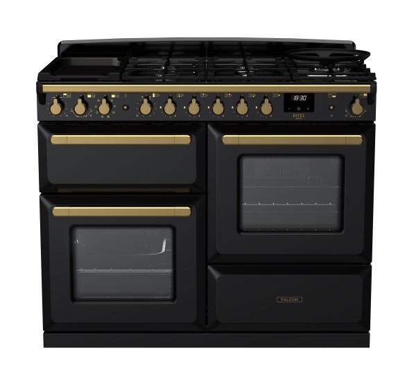 RS30057_ESDLO110DFPGBLAB-E1-Falcon Estel Deluxe 110 Dual Fuel-Proving drawer-Black-Antique Brass-Front view.jpg