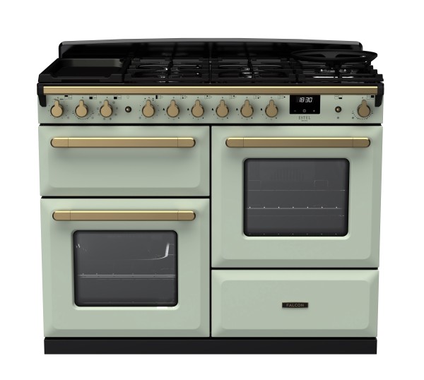RS30069_ESDLO110DFPMNTAB-E1-Falcon Estel Deluxe 110 Dual Fuel-Proving drawer-Mint-Antique Brass-Front view..jpg