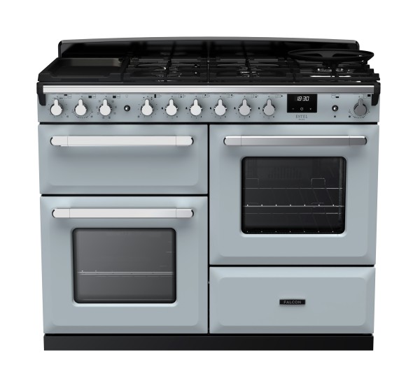 RS30072_ESDLO110DFPMSBCM-E1-Falcon Estel Deluxe 110 Dual Fuel-Proving drawer-Misty Blue-Chrome-Front view.jpg