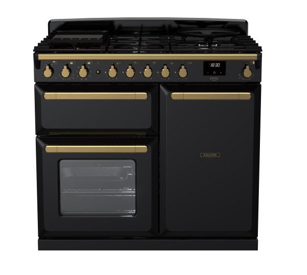 RS30025_ESDL100DFPGBLAB-E1-Falcon Estel Deluxe 100 Dual Fuel-Proving drawer-Black-Antique Brass-Front view.jpg